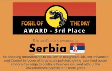 Srbija nagradu Fosil dana odlaganja primene ekoloskih dozvola velike zagadivace