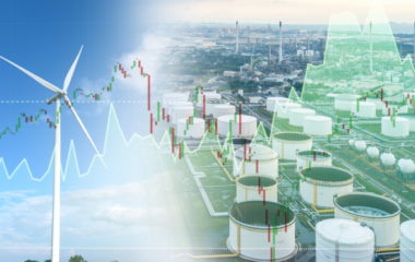 double exposure wind turbine and oil refinery investment stock graph concept.
