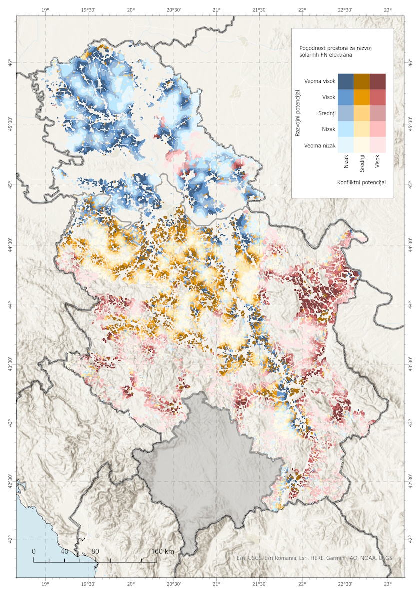 Mapa 1: Pogodnost za razvoj solarne FN energije u Srbiji (razvojni naspram konfliktnog potencijala)