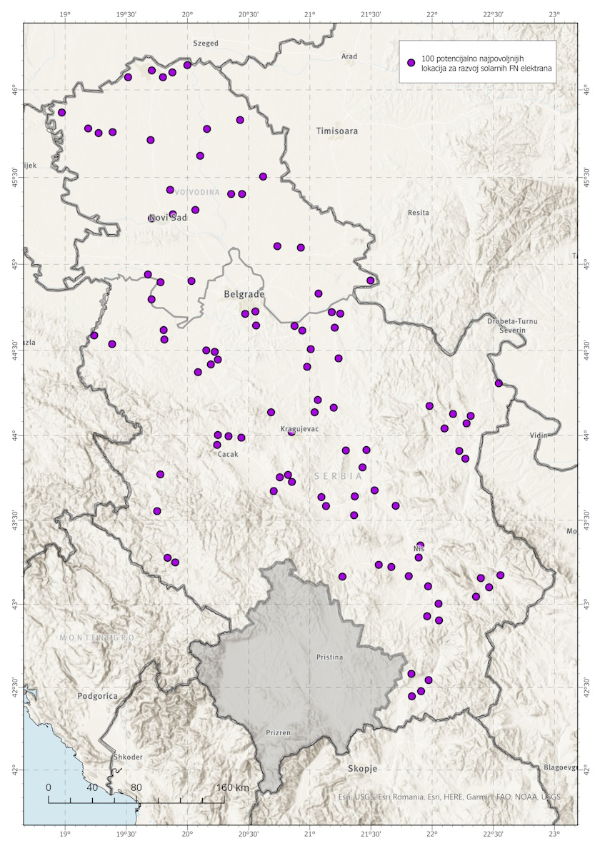 Mapa 2: 100 najboljih lokacija za razvoj solarne FN energije u Srbiji