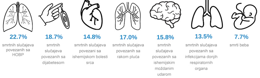Slika 2 Procenat smrtnih slučajeva (po uzroku) povezanih sa zagađenjem vazduha u 2019