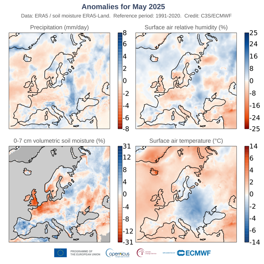 Anomalije u padavinama, relativnoj vlažnosti vazduha pri tlu, zapreminskoj vlažnosti u gornjih 7 cm zemljišta i temperaturi vazduha pri tlu za maj 2025. u odnosu na prosečne vrednosti za maj u periodu 1991–2020