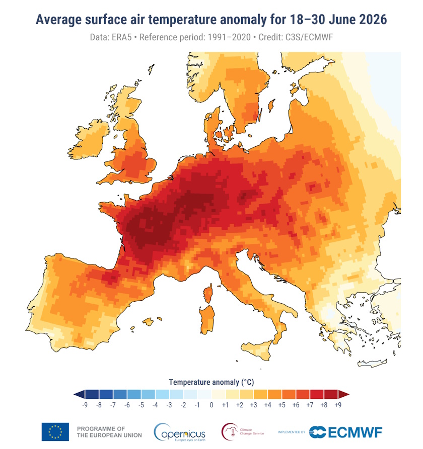 evropa najtopliji jun 2026 mapa