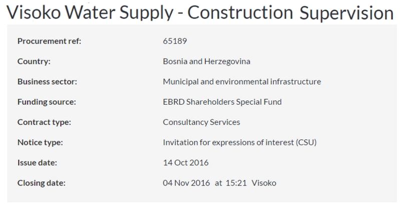 EBRD opened Construction Supervision procurement for Visoko water supply project