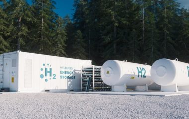 Environmentally friendly solution of renewable energy storage - hydrogen gas to clean electricity facility situated in forest environment. 3d rendering.