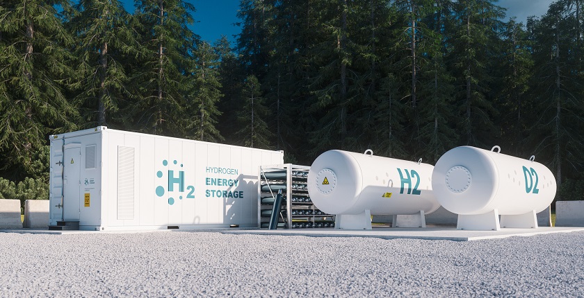 Environmentally friendly solution of renewable energy storage - hydrogen gas to clean electricity facility situated in forest environment. 3d rendering.