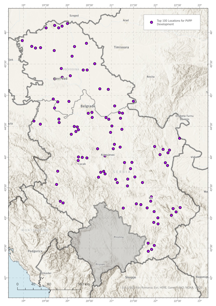 Map2_EN_Top 100 locations for PV solar developmentin Serbia