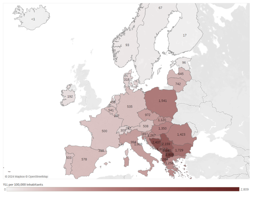 years of life lost per 100,000 inhabitants over 30 years in Europe